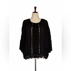 Johnny Was Black Embroidered Cupra Rayon Blouse Eyelet Lace Trim Boho Top Size L